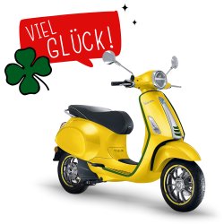 Gelbes Motorrad, über ihm eine rote Blase mit weißem Schriftzug: ‚Viel Glück!‘ Und neben der Blase ein grünes Glücksblatt.